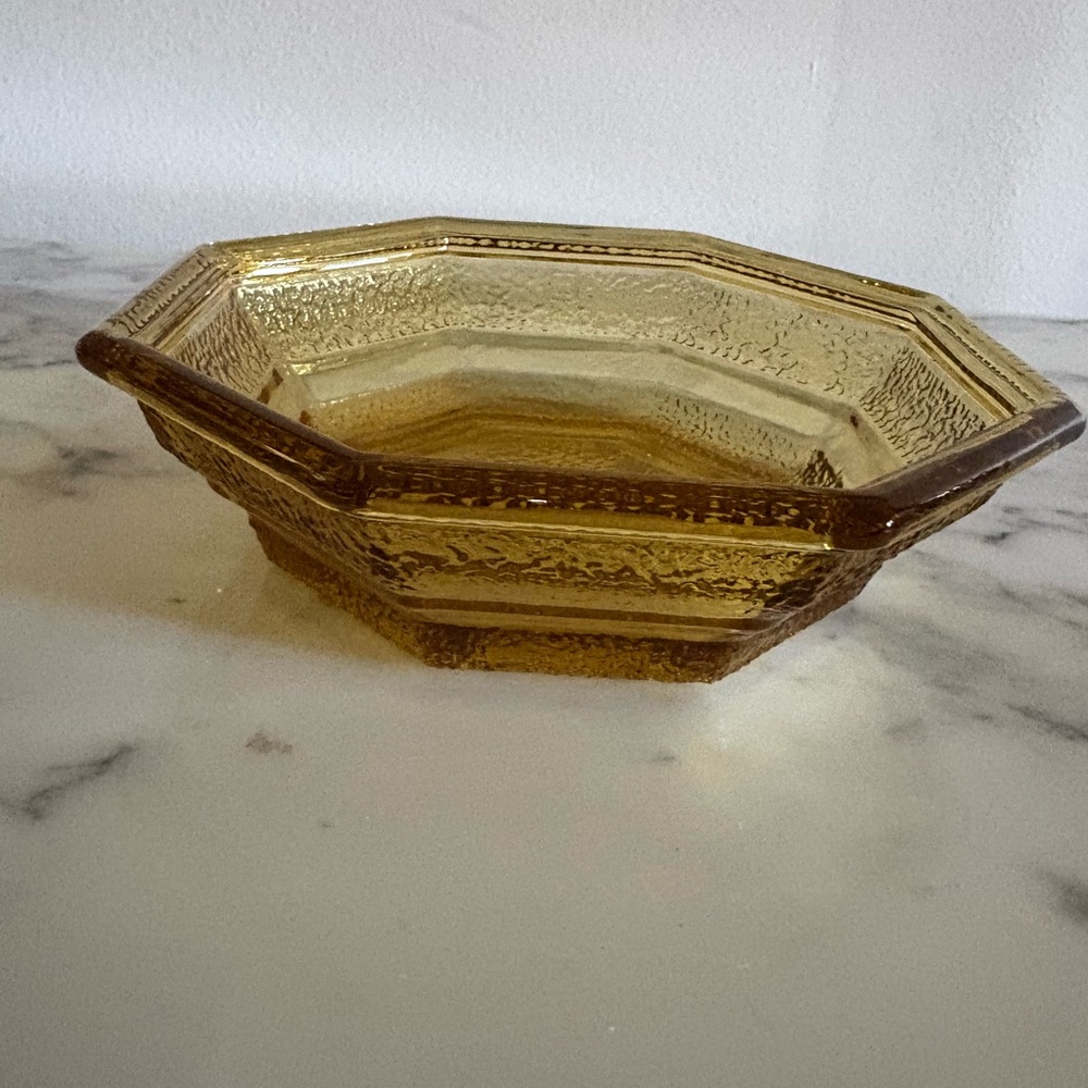 Amber Depression Glass Dish Vintage MCM Octagon Shaped Textured Orange Brown 6”